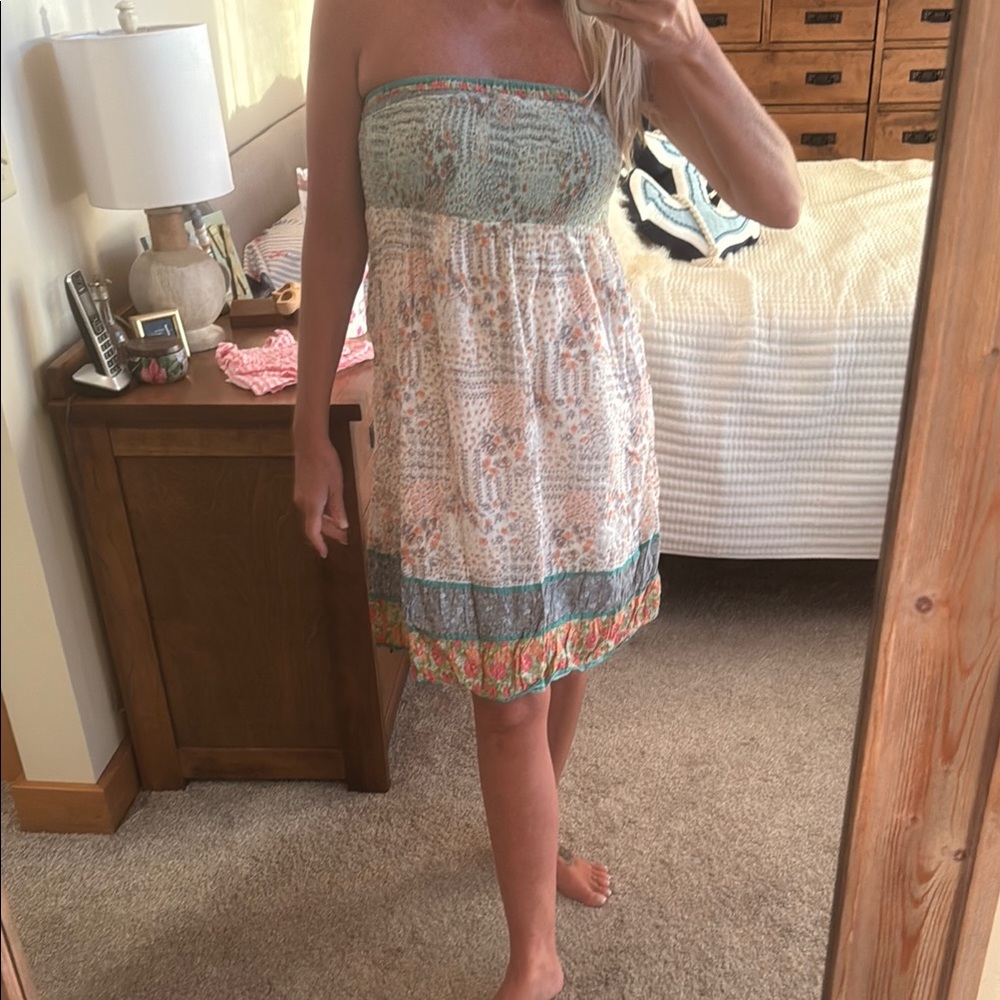 Blue Sky Strapless Sundress in Mint, Coral & White
